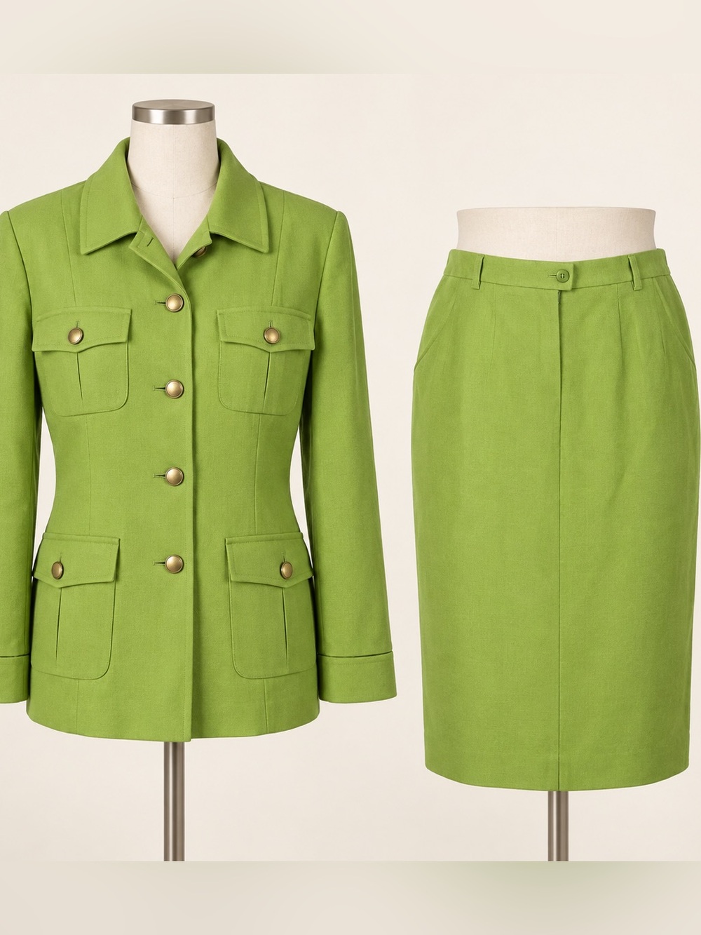 Vintage Mondi Wool Safari Skirt Suit 40 Lime Green 2 Piece 90s